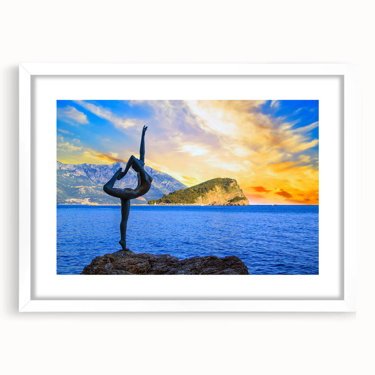Textured art print of an abstract Montenegro scenery in muted earth tones on a framed white mat.