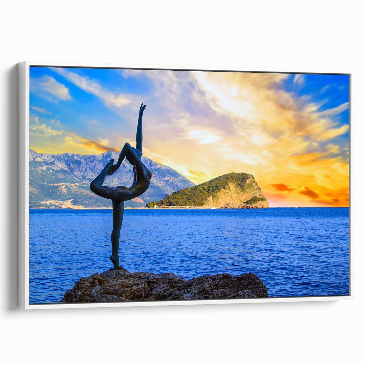 Vintage poster art of a European Montenegro scenery in vibrant colors on a large framed canvas.