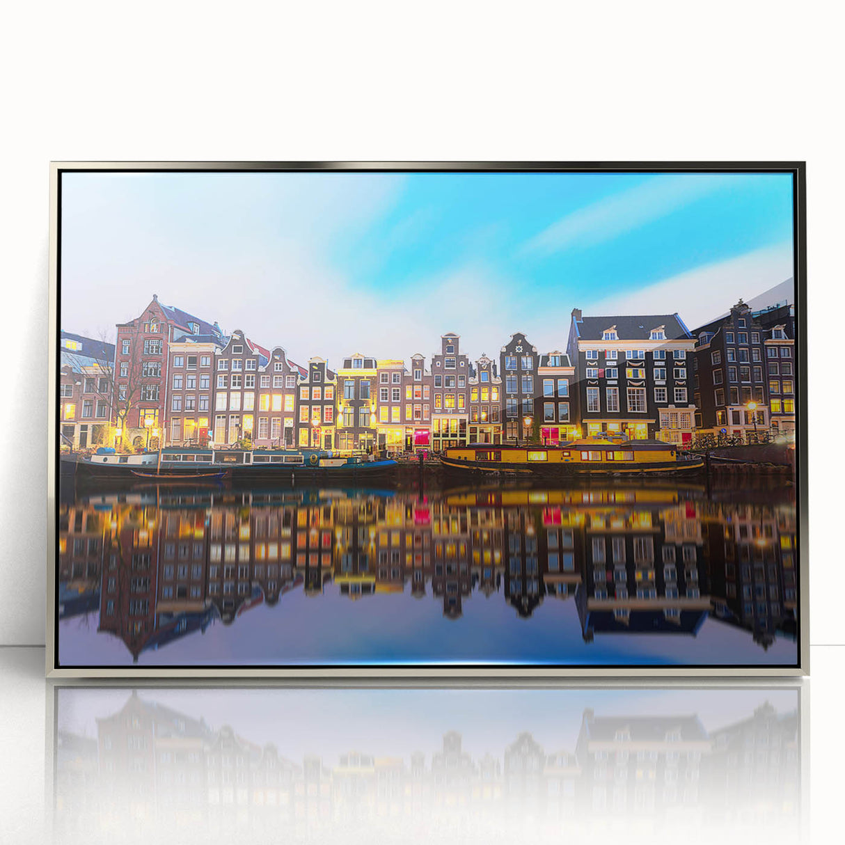 Acrylic print of Amsterdam canal scene in muted colors, framed in silver, ideal for modern art wall decor.