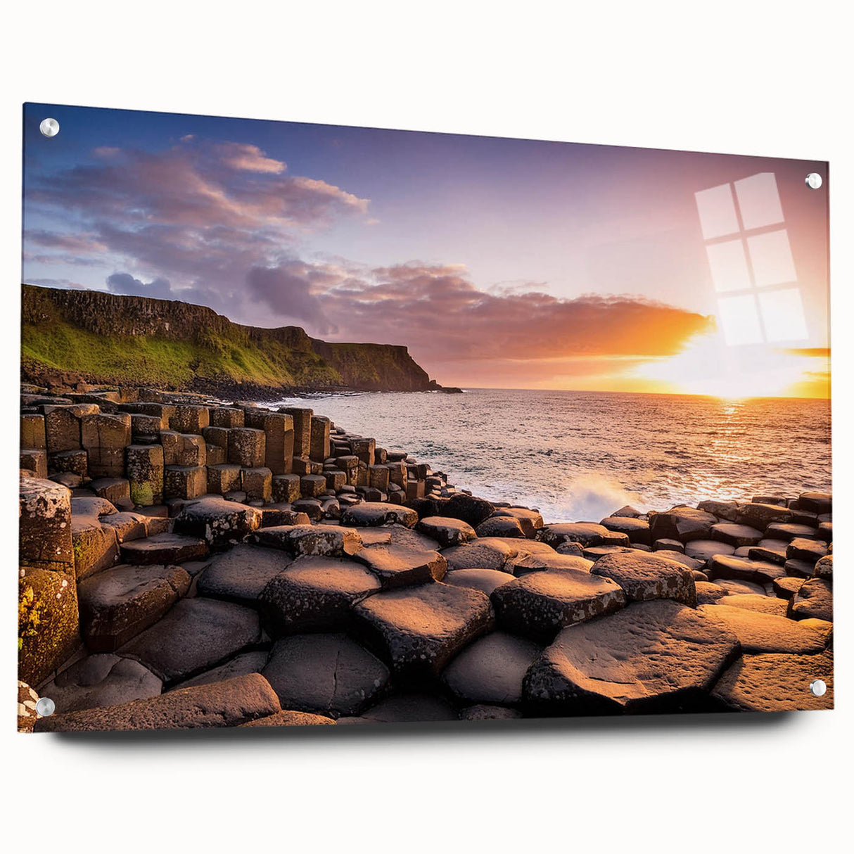 Acrylic print of Northern Ireland scenery with muted green and blue tones, ideal for dining room art.