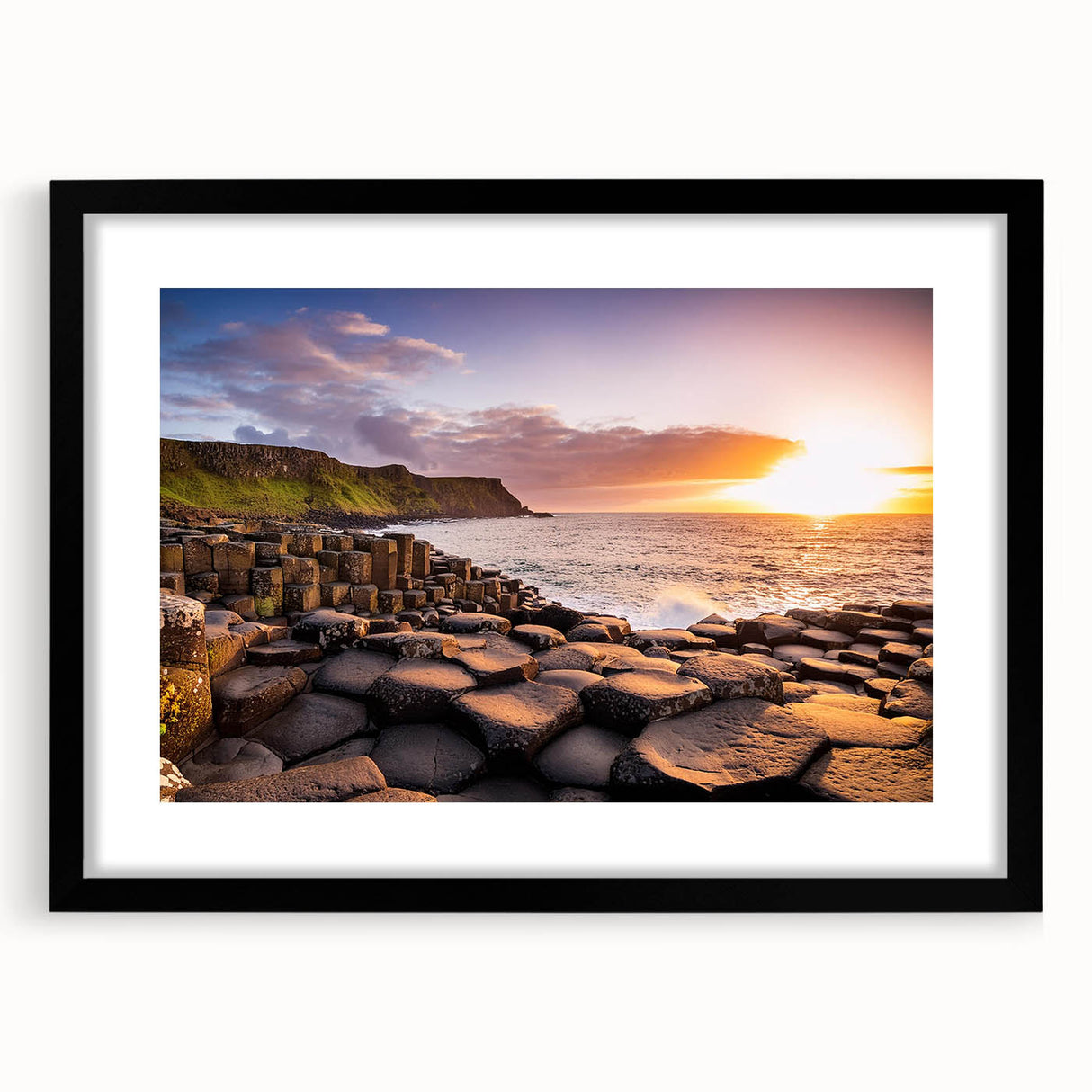 Colorful abstract art print of a textured Northern Ireland scenery on a large framed canvas, suitable for living room decor.