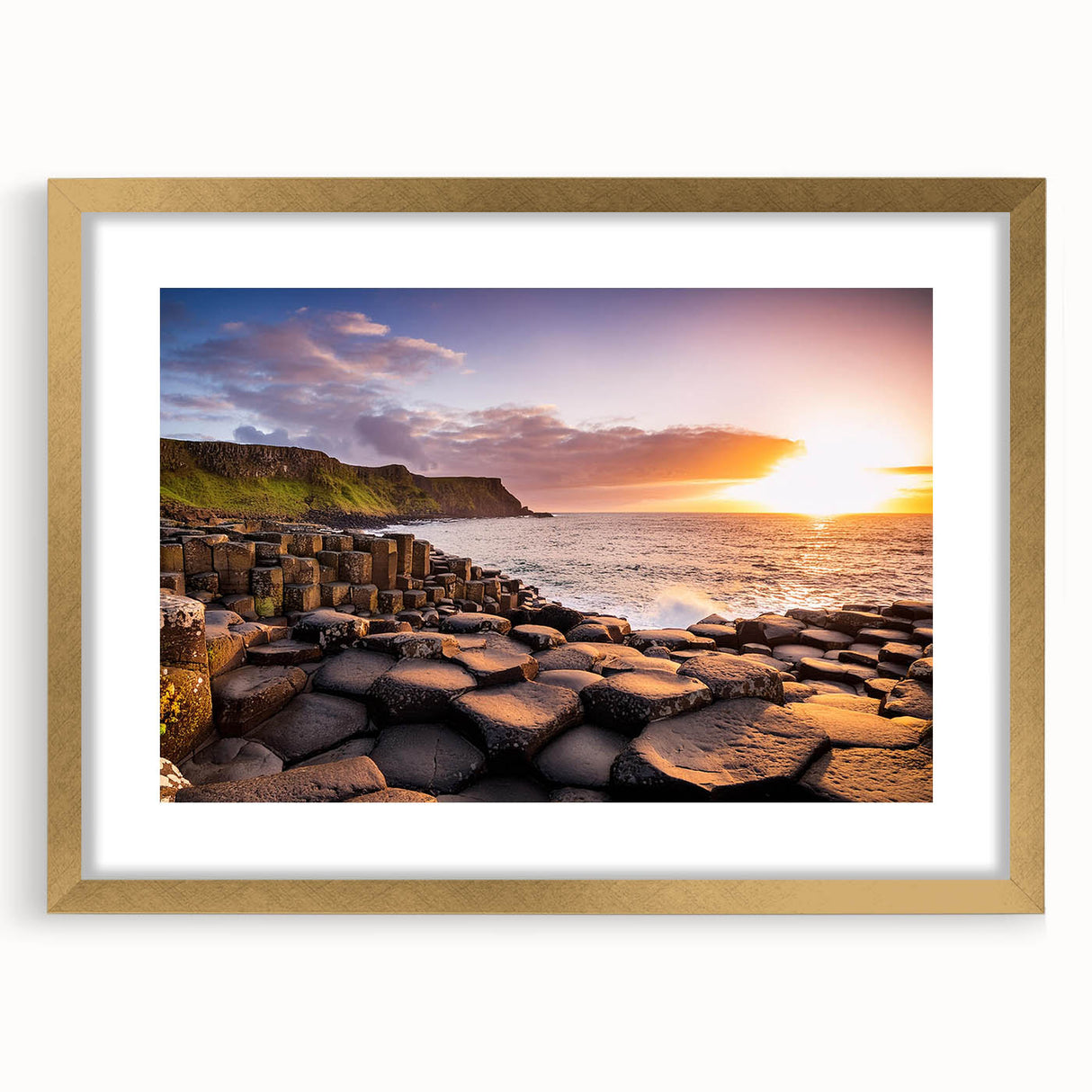 Abstract art print of a Northern Ireland landscape in muted greens and blues on a framed canvas, ideal for dining room decor.