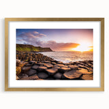 Abstract art print of a Northern Ireland landscape in muted greens and blues on a framed canvas, ideal for dining room decor.