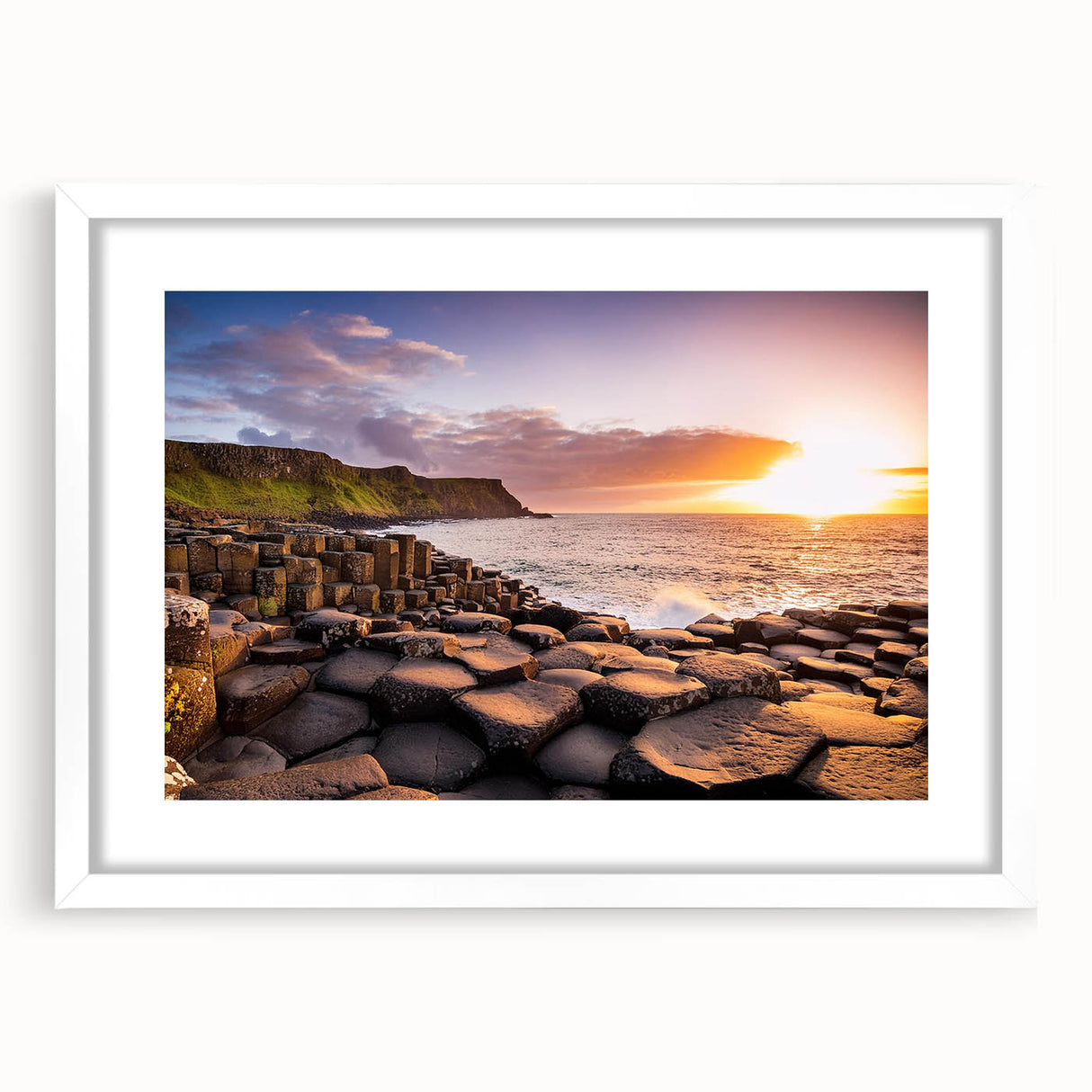 Textured art print of an abstract Northern Ireland landscape in muted green and blue tones on a framed white mat.