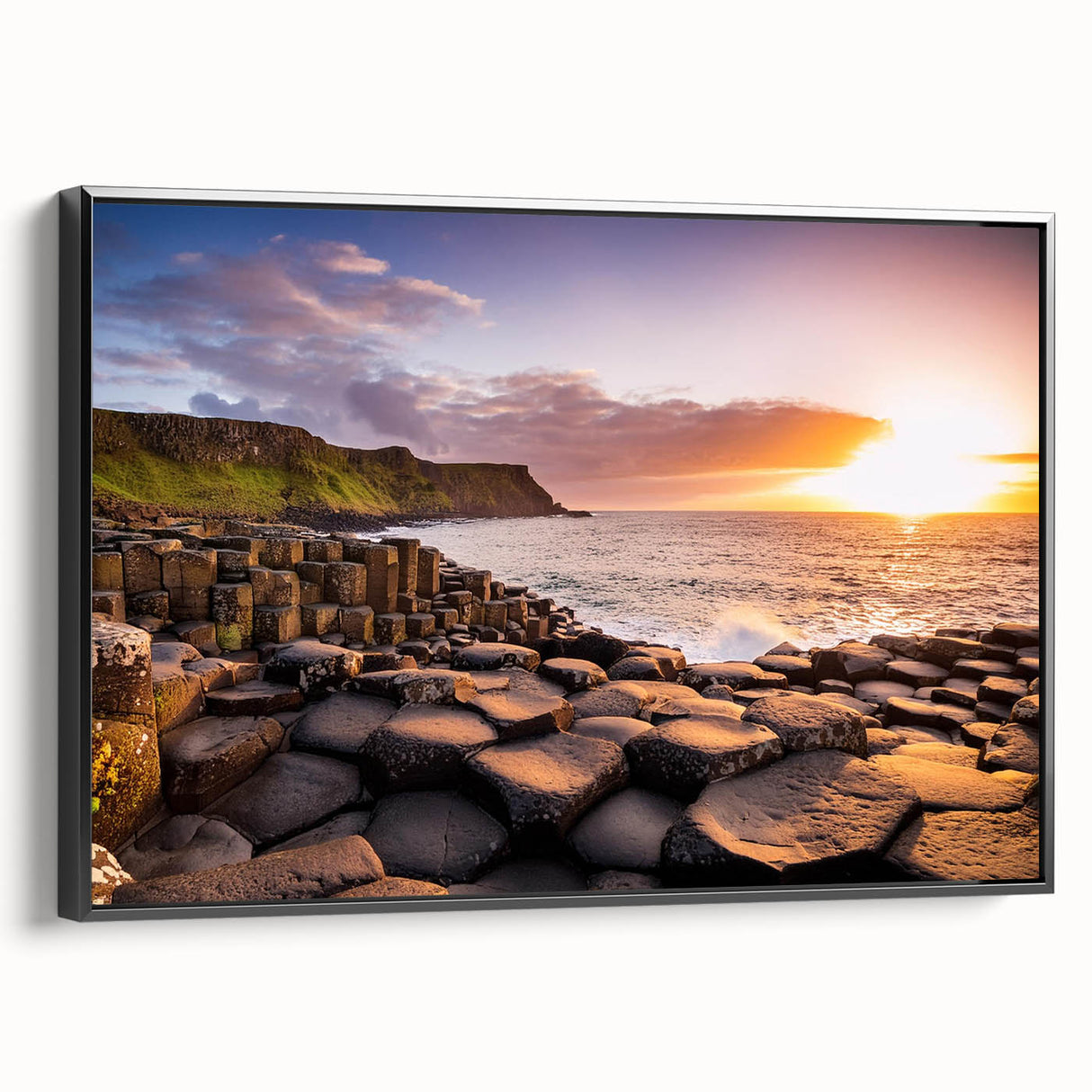 Black and white framed canvas featuring a vintage-style landscape of Northern Ireland, ideal for bedroom decor.