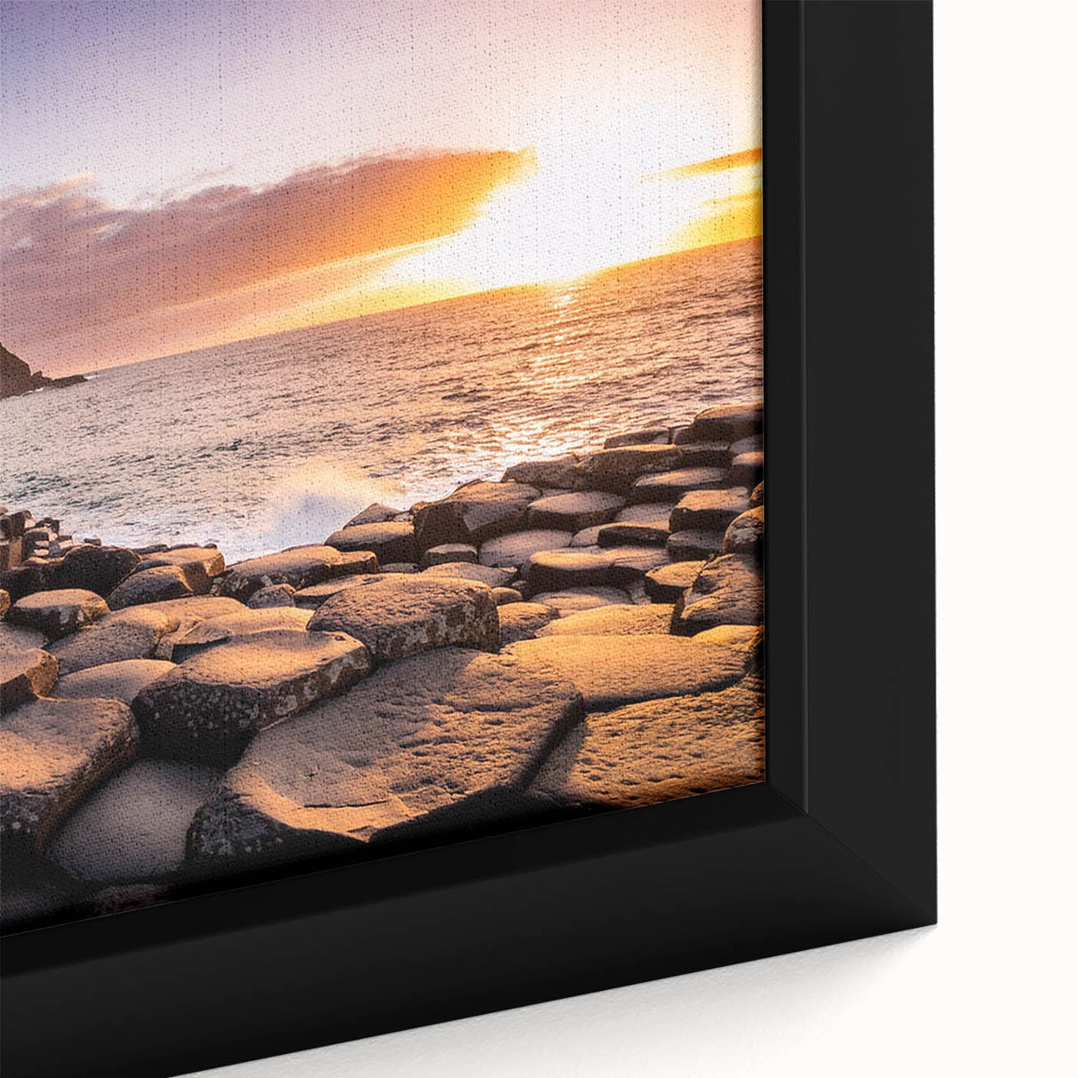 Black wall art depicting a textured, colorful Northern Ireland scenery on an extra-large framed canvas.