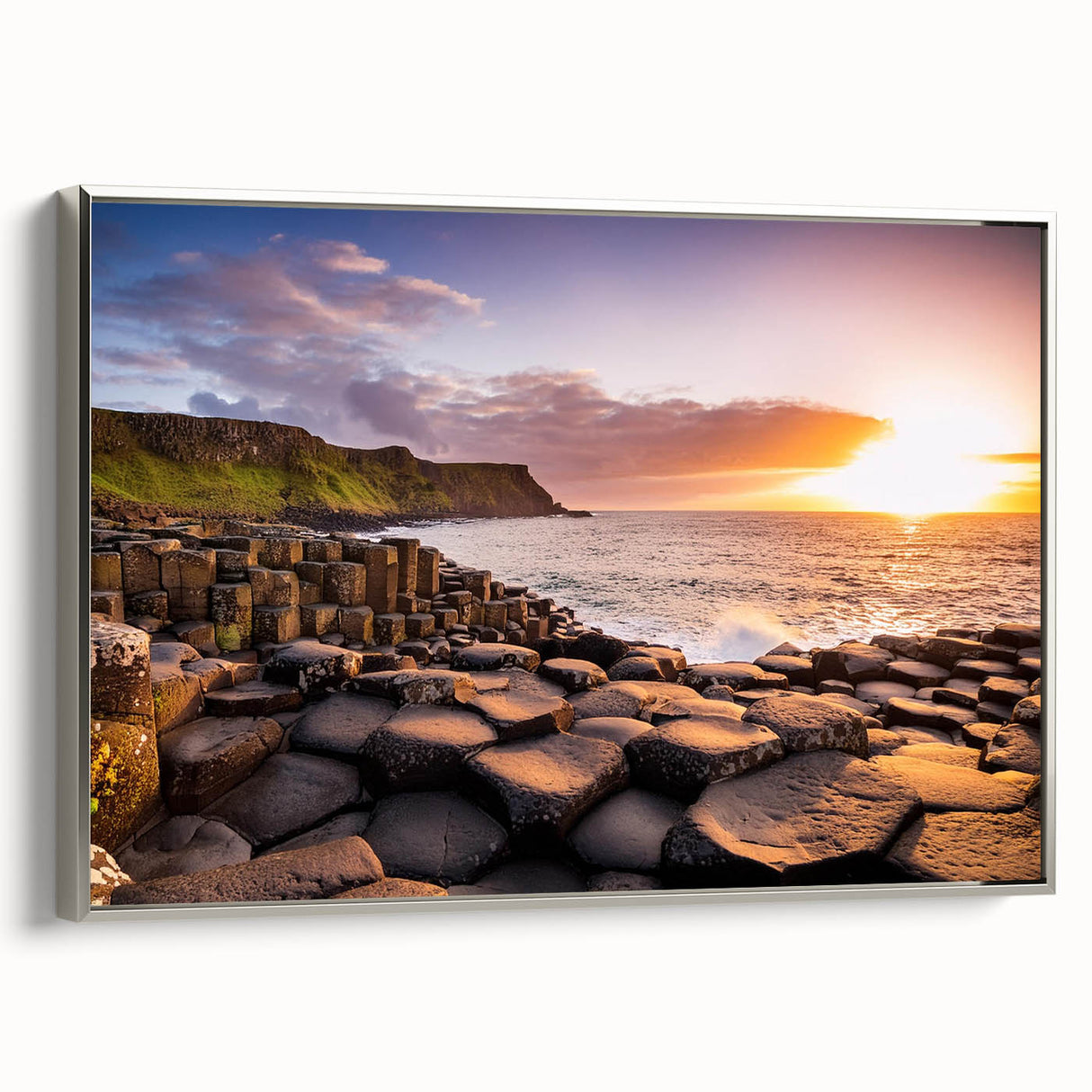 Landscape art painting of Northern Ireland on framed canvas, featuring muted greens and blues, ideal for office decor.