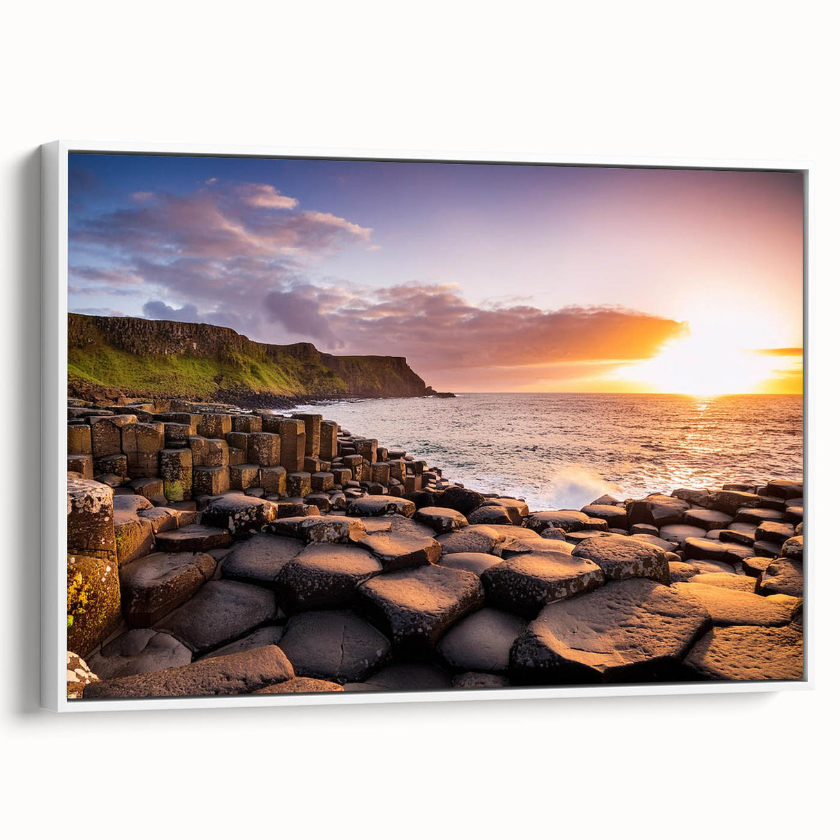 Vintage poster art of Northern Ireland landscape on framed canvas, featuring green and blue tones.