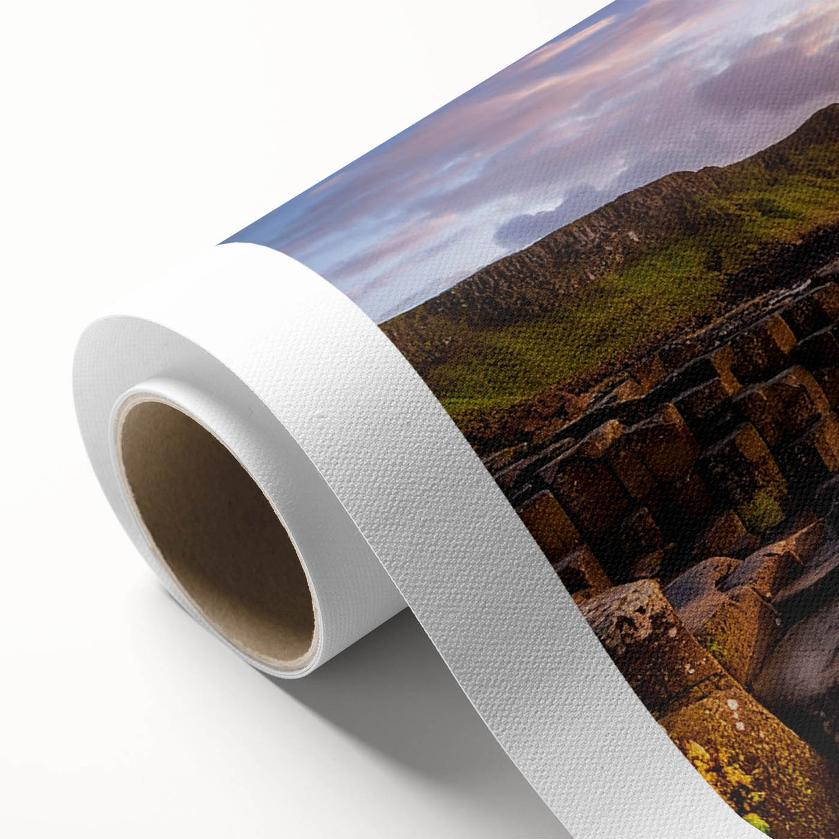 Art deco style poster of Northern Ireland scenery in muted green and blue tones on rolled canvas, ideal for nursery wall art.