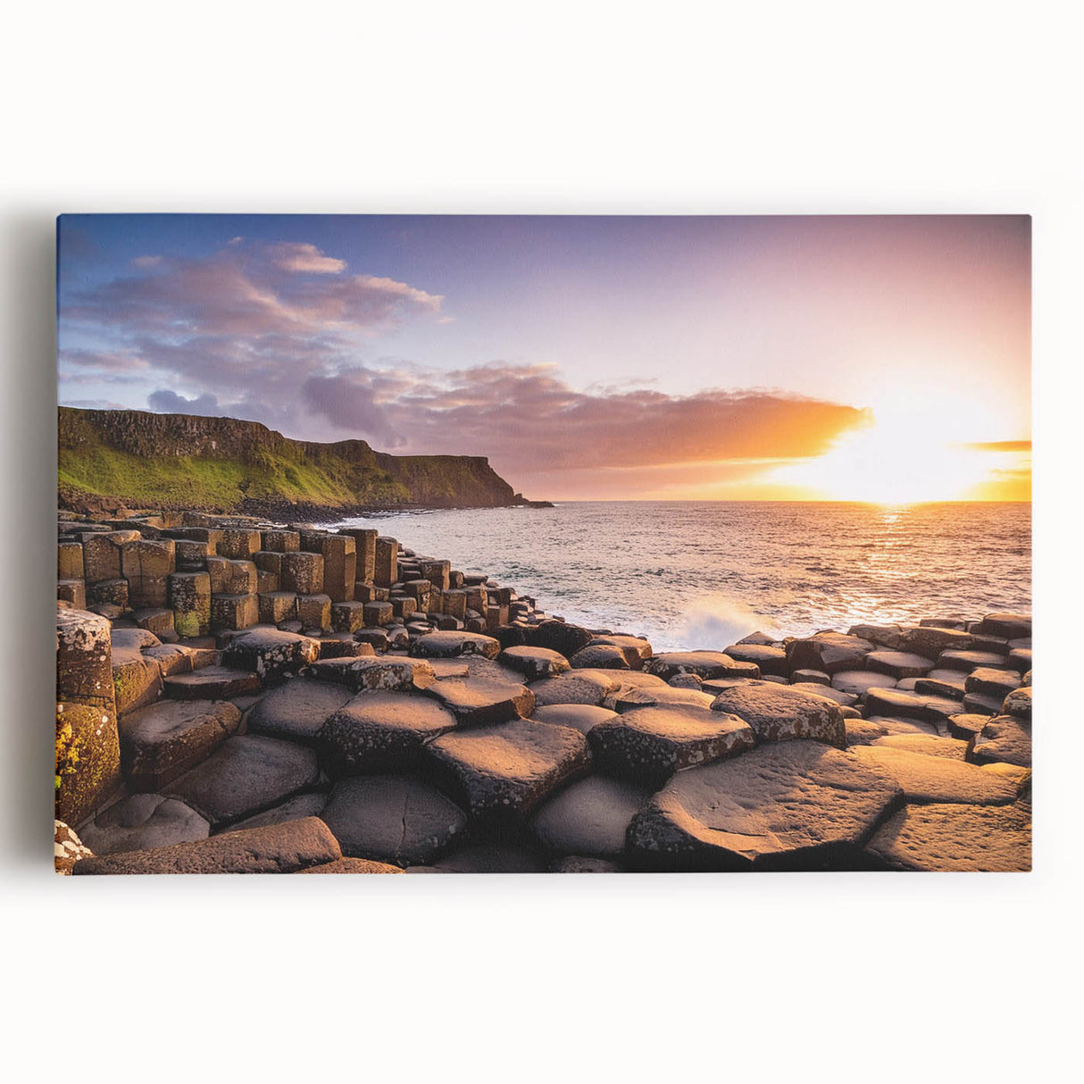 Black and white photo of Northern Ireland’s coastline on stretched canvas, ideal for kitchen wall art.