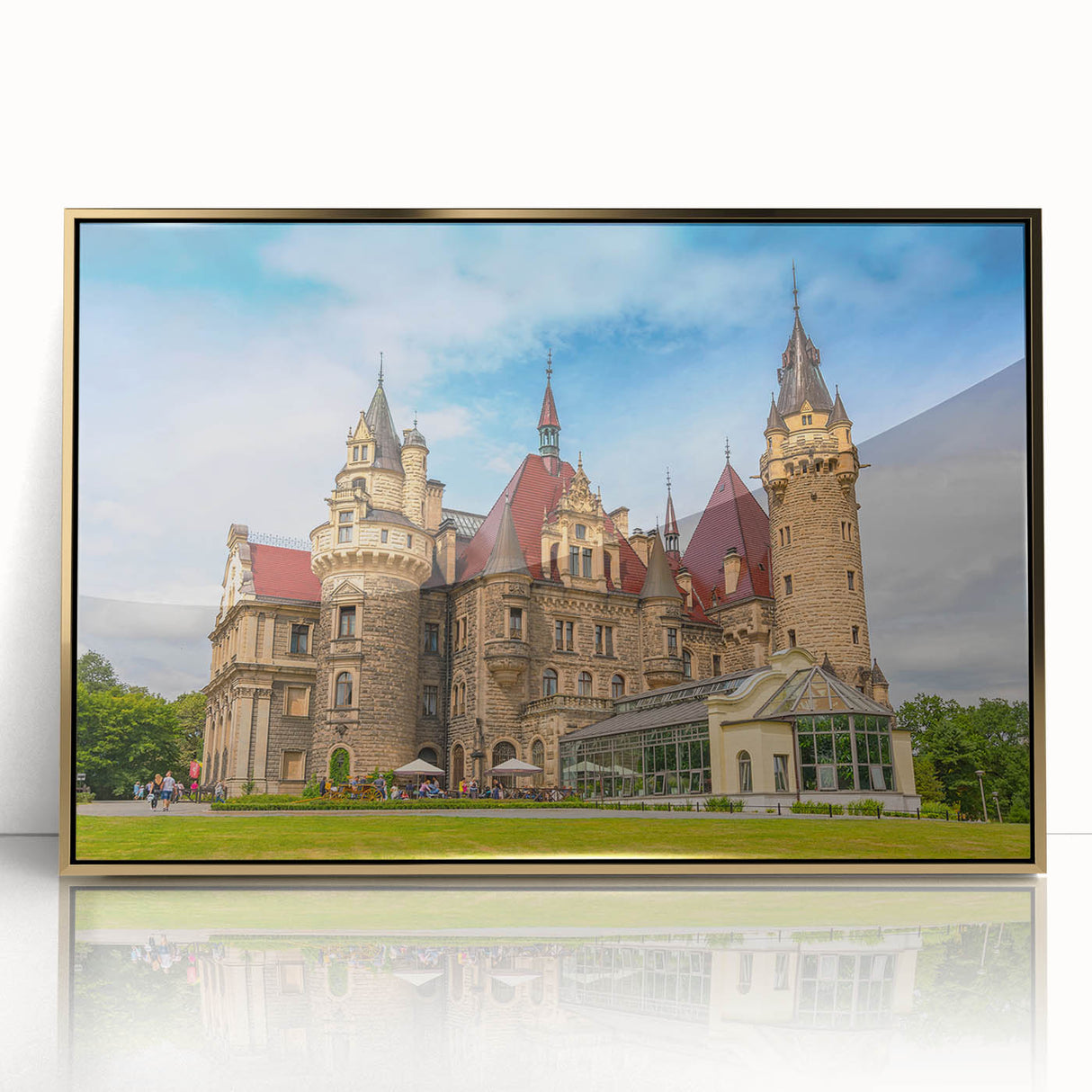 Art deco poster of a European cityscape in gold and black tones on framed acrylic, suitable for modern art wall decor.