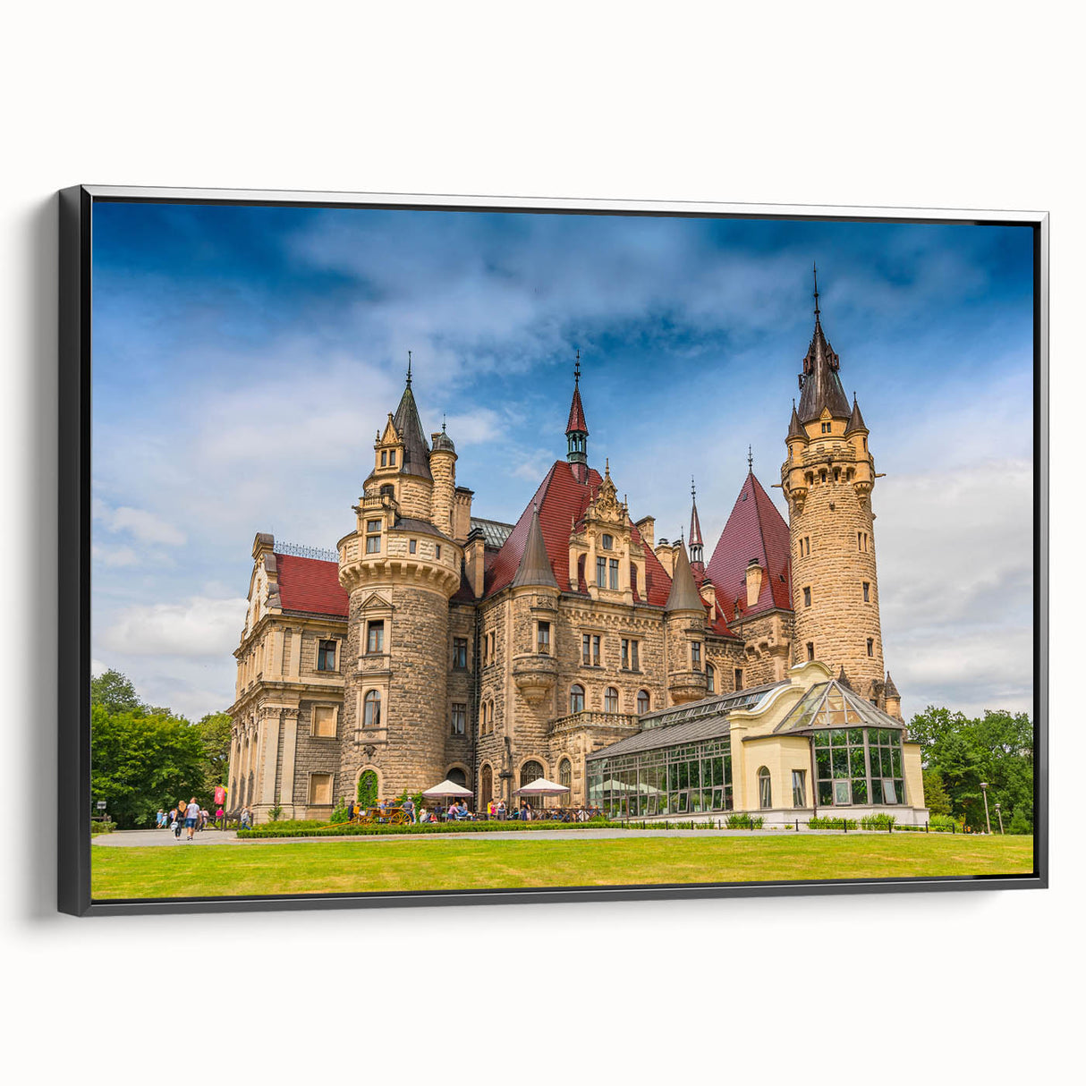 Black and white framed canvas of a vintage European landscape, ideal for bedroom wall decor.