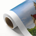 Art Deco poster of a European landscape on rolled canvas, with muted earth tones, ideal for nursery wall art.