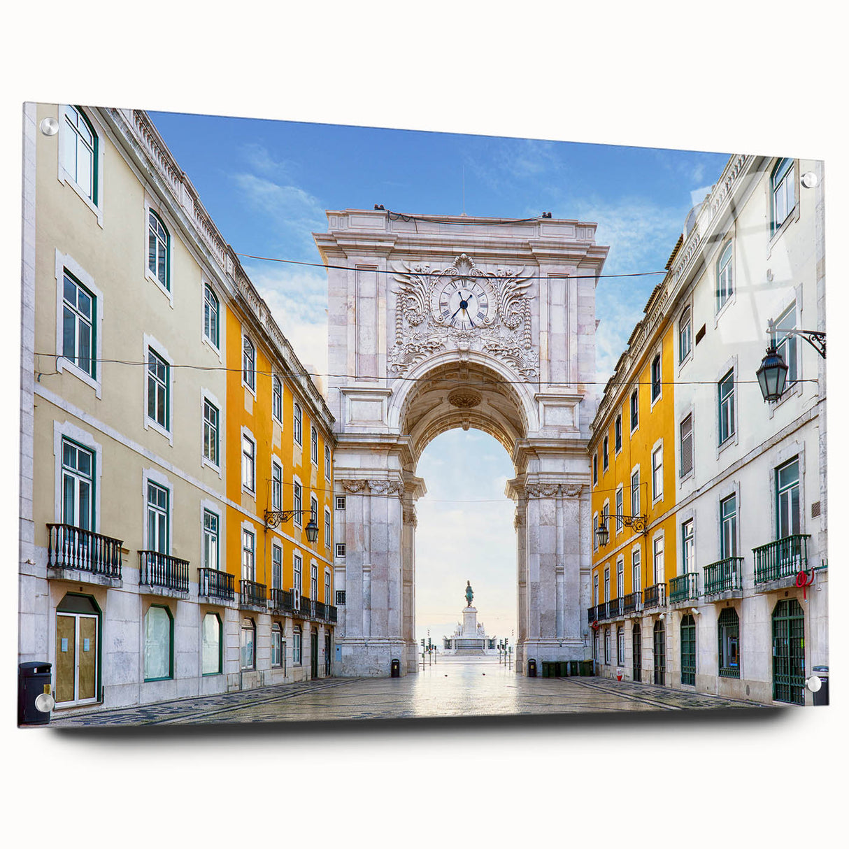 Acrylic print of Lisbon scenery with soft pastel shades, ideal for dining room decor.