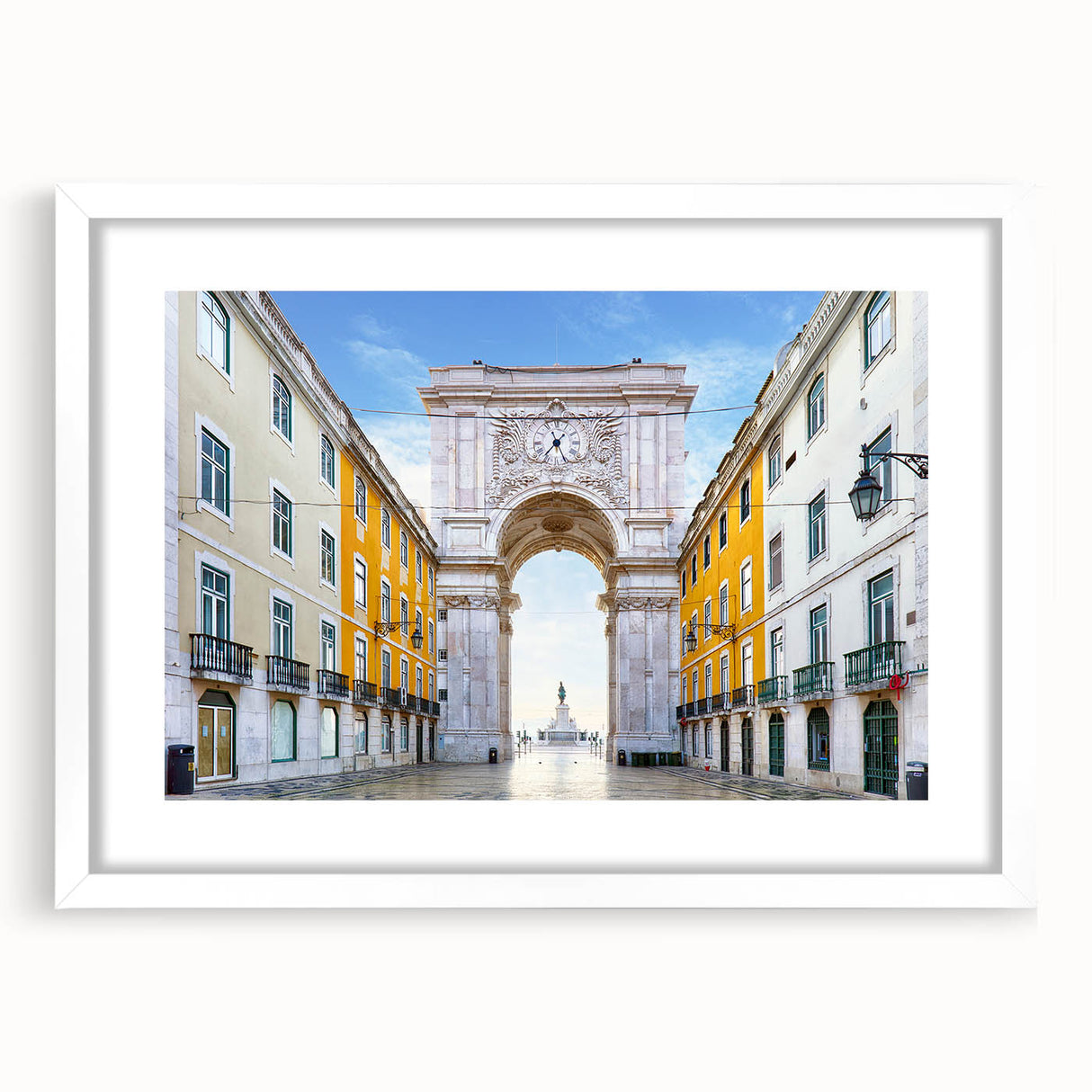 Textured abstract art print depicting Lisbon scenery in muted earth tones on a framed white mat, ideal for bedroom art.