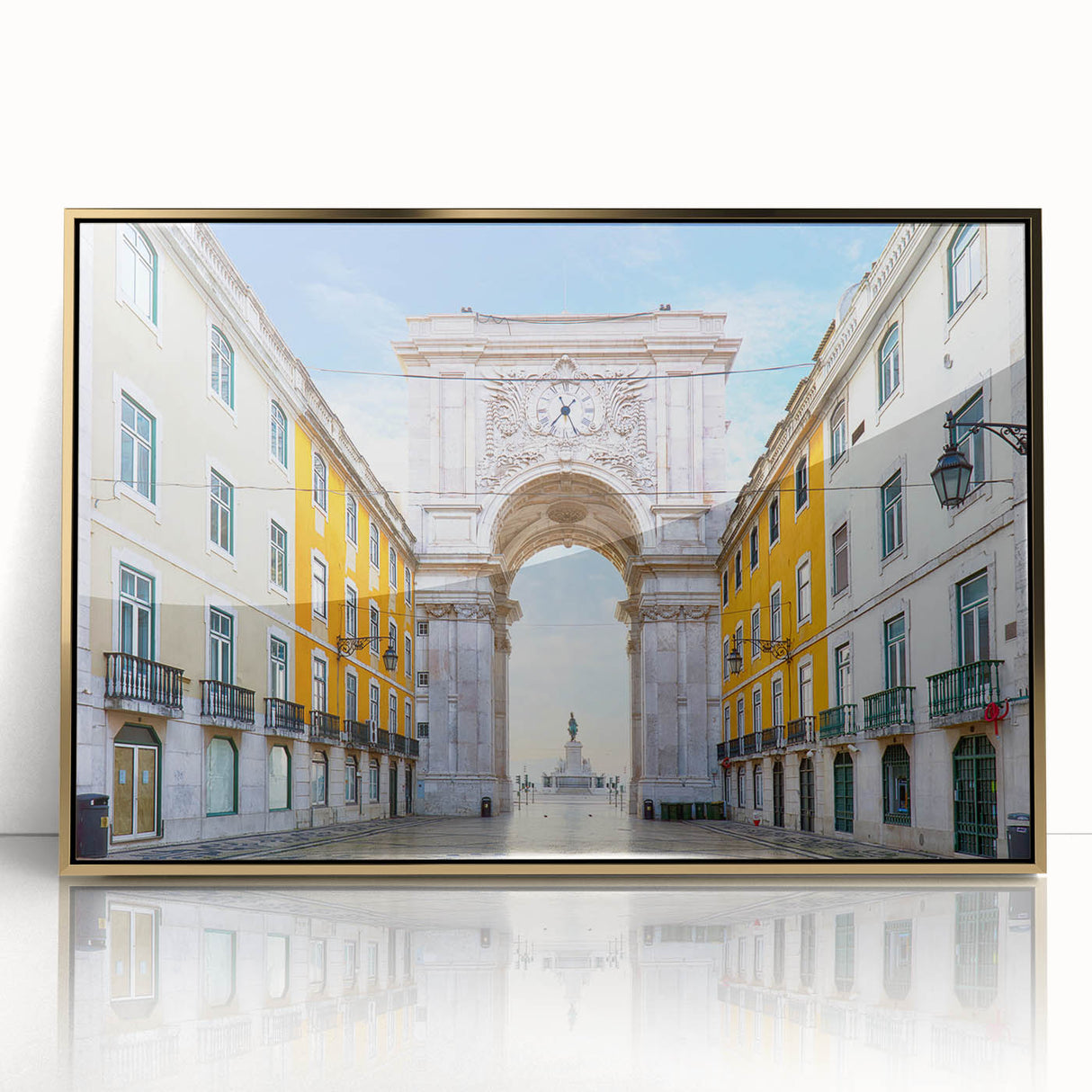 Art deco poster of Lisbon scenery with muted gold and blue tones on framed acrylic, suitable for modern art wall decor.