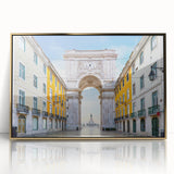 Art deco poster of Lisbon scenery with muted gold and blue tones on framed acrylic, suitable for modern art wall decor.