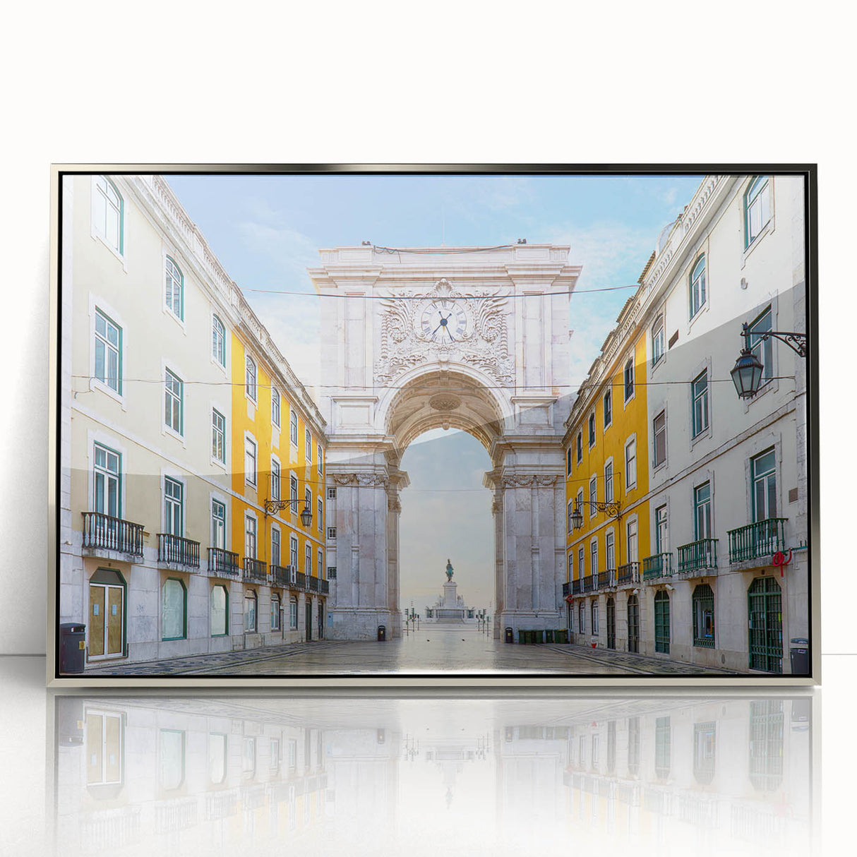 Large art print of Lisbon scenery in muted earth tones on a silver-framed acrylic, suitable for modern art wall decor.