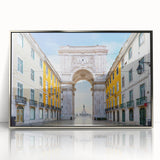 Large art print of Lisbon scenery in muted earth tones on a silver-framed acrylic, suitable for modern art wall decor.