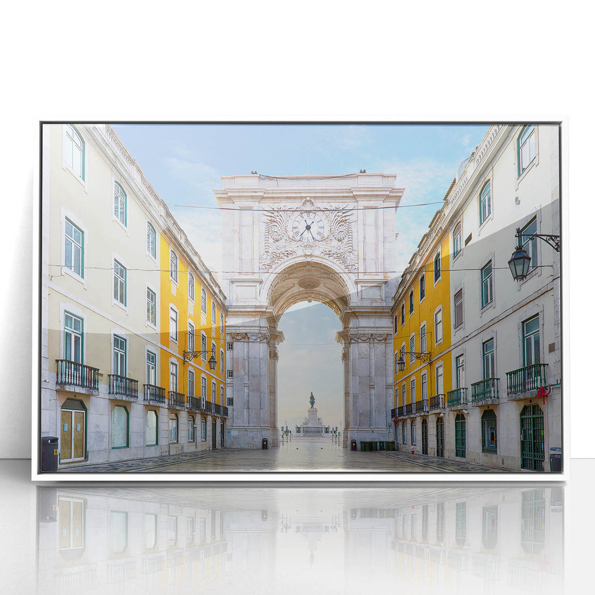 Mid-century modernist Lisbon scenery on a framed acrylic, with muted earth tones, suitable for nursery wall art.