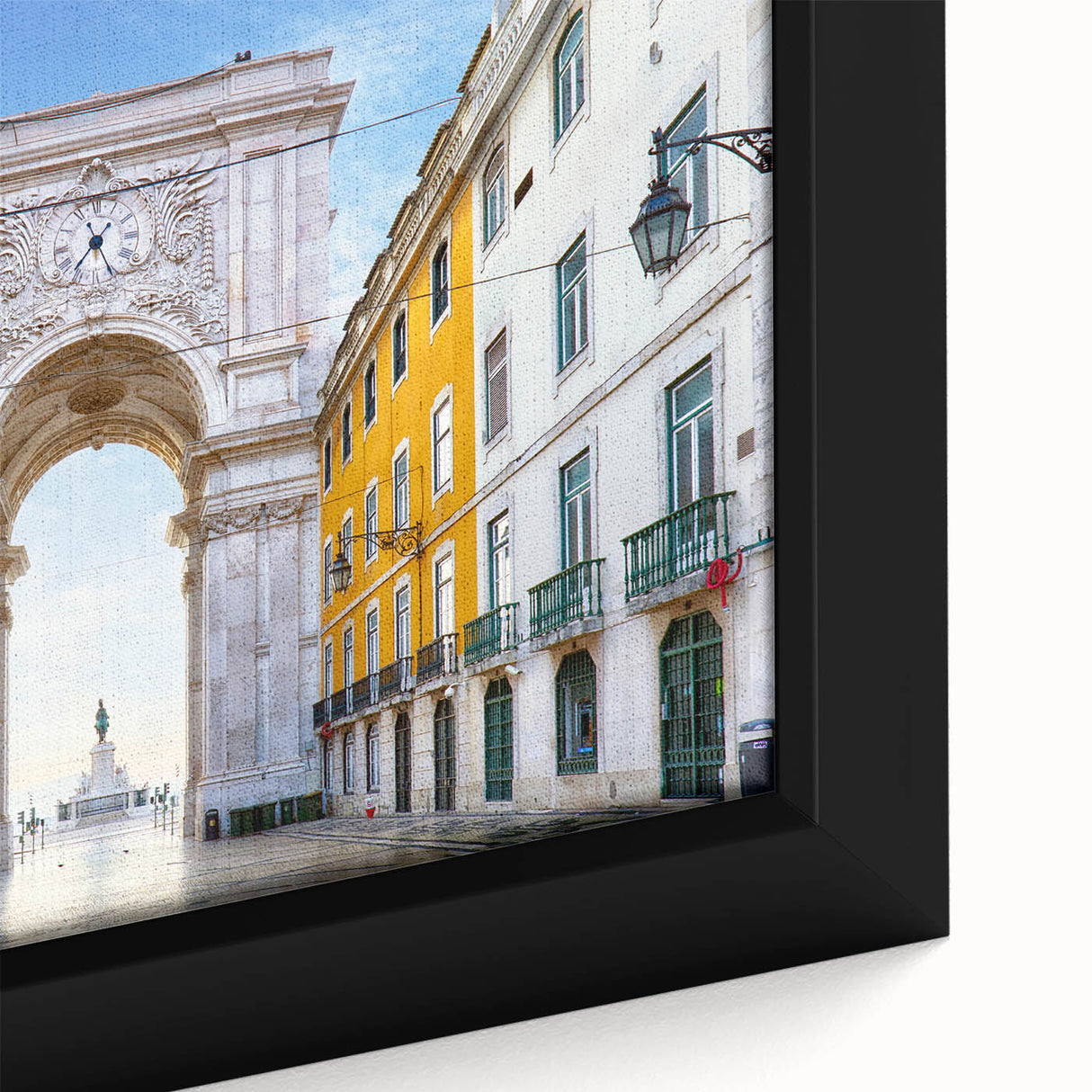 Extra large black wall art featuring a textured view of Lisbon with vibrant colors on a framed canvas.