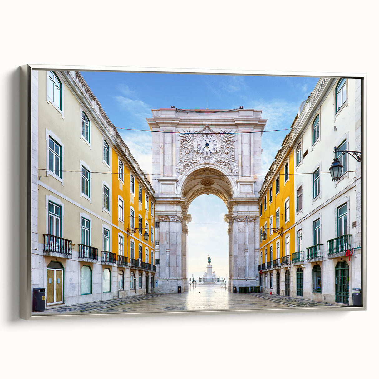 Framed canvas of a vintage-style Lisbon landscape in colorful art tones, ideal for living room decor.