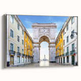 Framed canvas of a vintage-style Lisbon landscape in colorful art tones, ideal for living room decor.