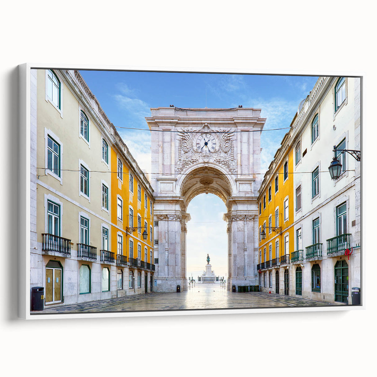 Vintage poster art of Lisbon scenery on extra large framed canvas, featuring colorful imagery against a black background.
