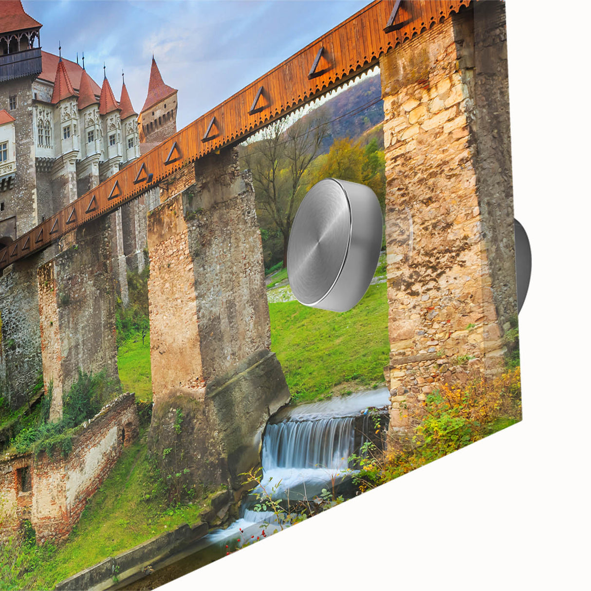 Large abstract wall art print of a Romanian landscape in muted earth tones on acrylic glass, ideal for dining room decor.