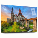 Large abstract wall art depicting a European scenery in Romania on acrylic glass, in cool blue and green tones.