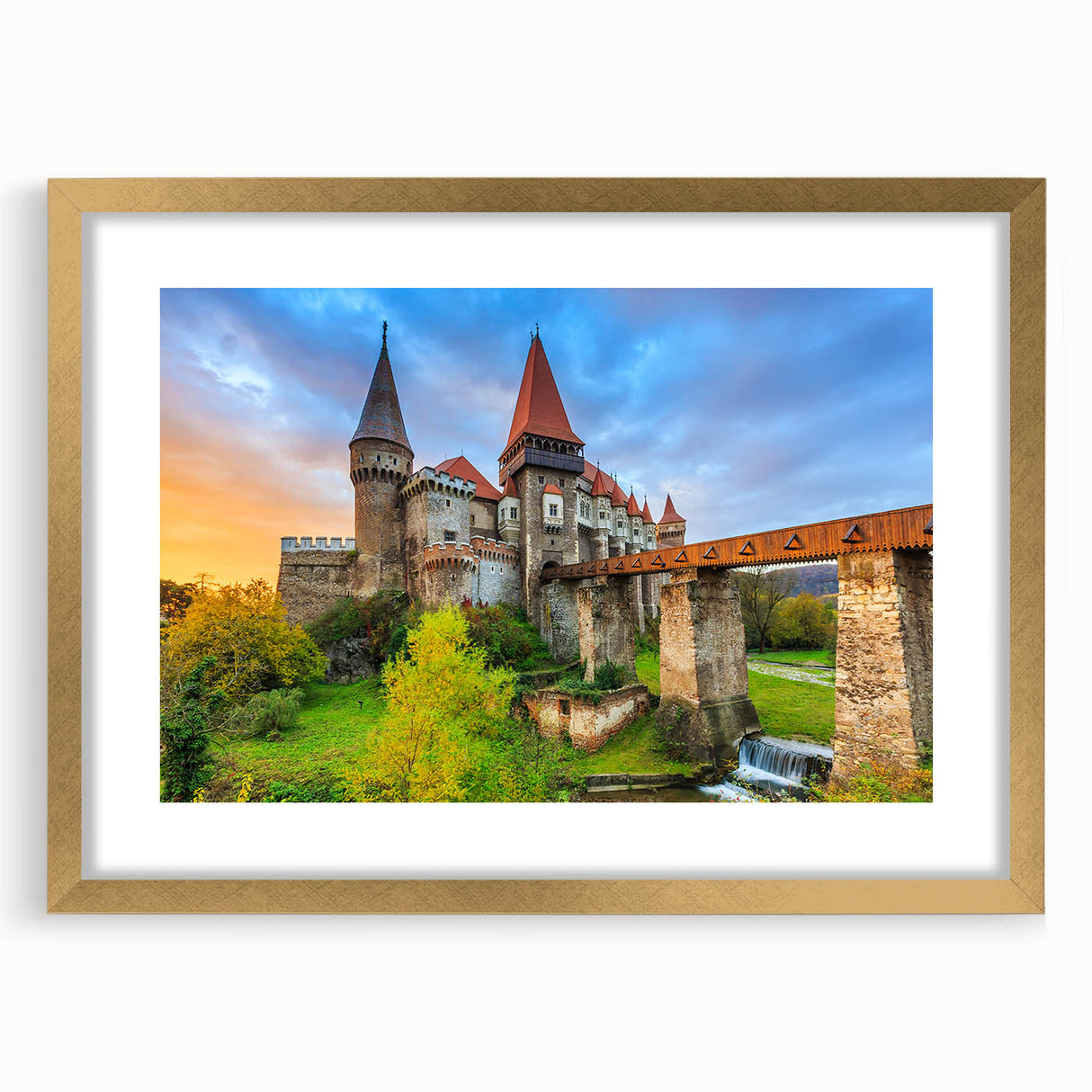 Abstract art print of a European scenery in Romania, displayed in a gold frame with mat, ideal for dining room decor.