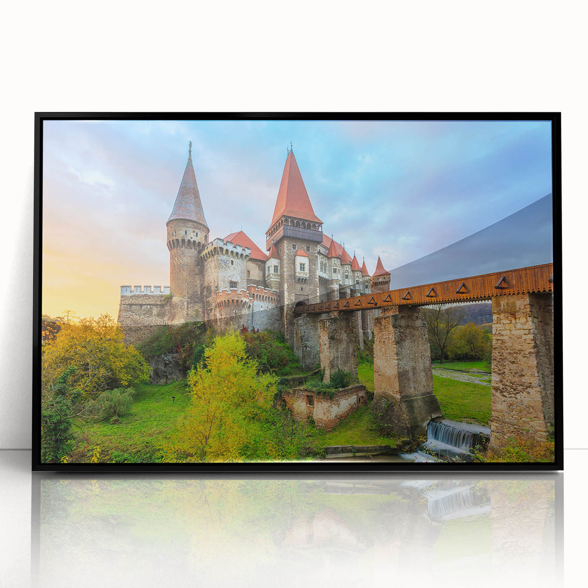 Large abstract wall art depicting a scenic Romanian landscape in muted earth tones, framed in black acrylic.