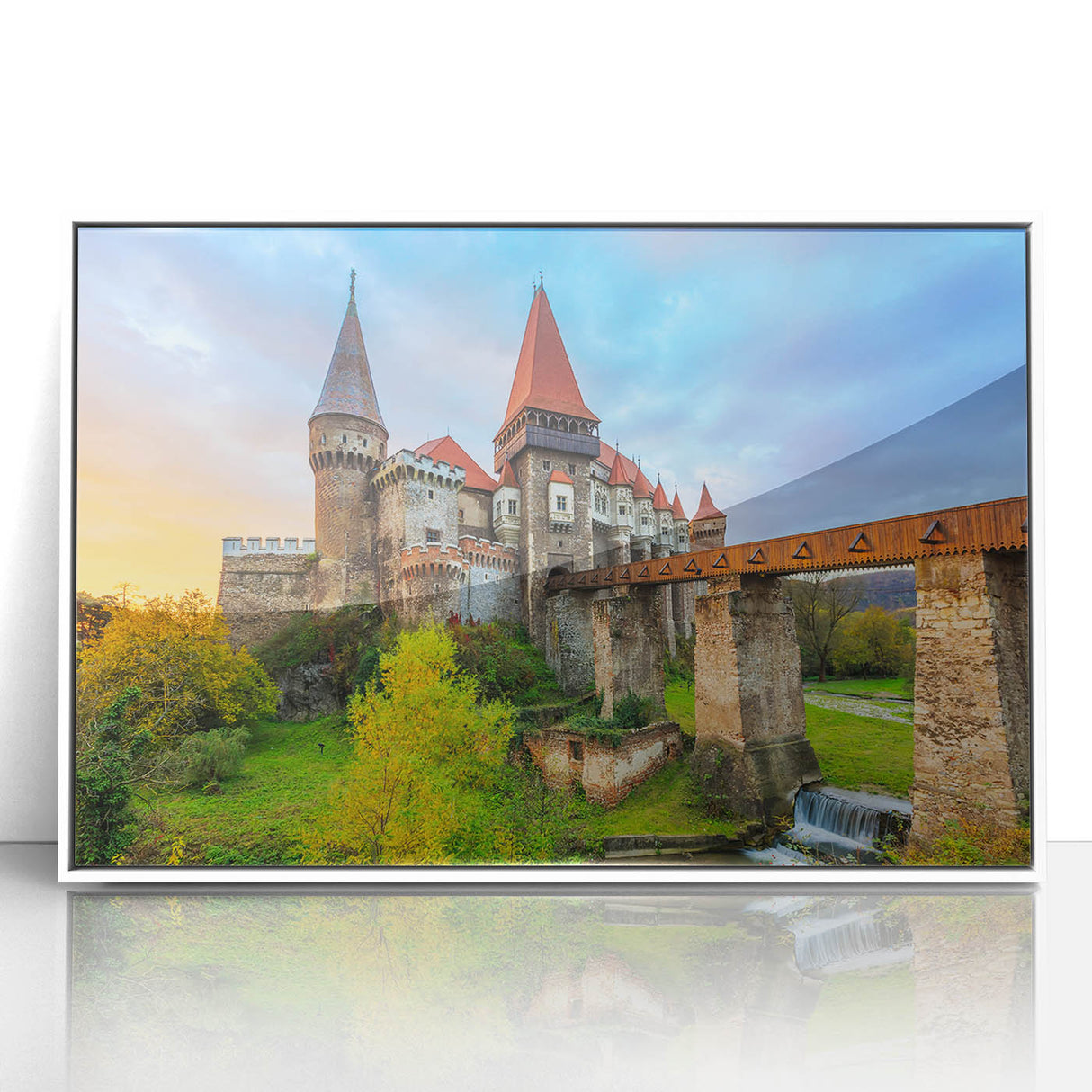 Mid-century modernist art depicting a serene Romanian landscape in muted greens and blues on a framed acrylic.