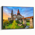 Black and white landscape painting of a Romanian village on framed canvas, ideal for bedroom wall decor.