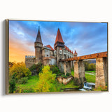 Framed canvas of a vintage-style Romanian landscape in muted gold and black tones, ideal for bedroom wall art.