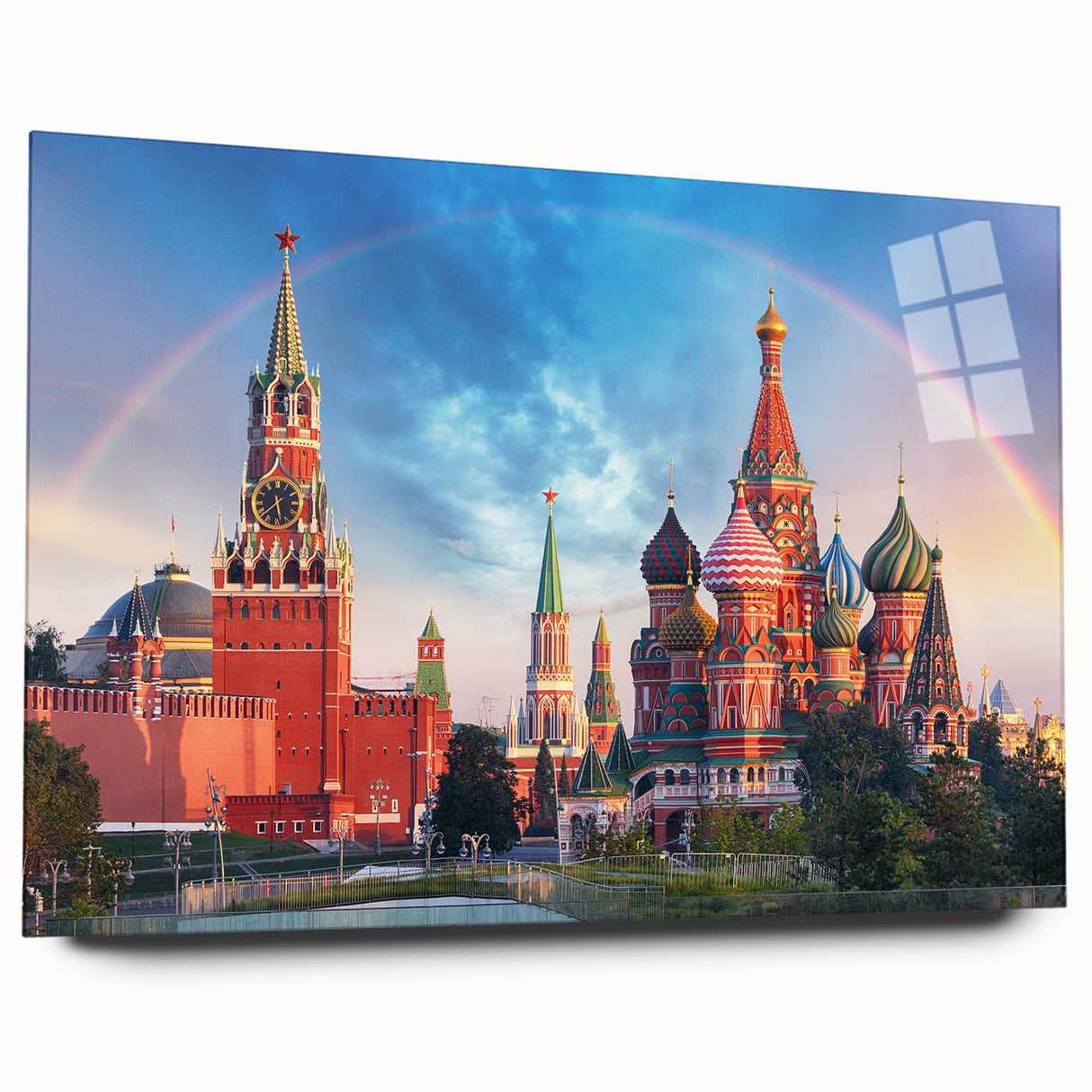 Large abstract depiction of Moscow skyline in muted gray and blue tones on acrylic glass.