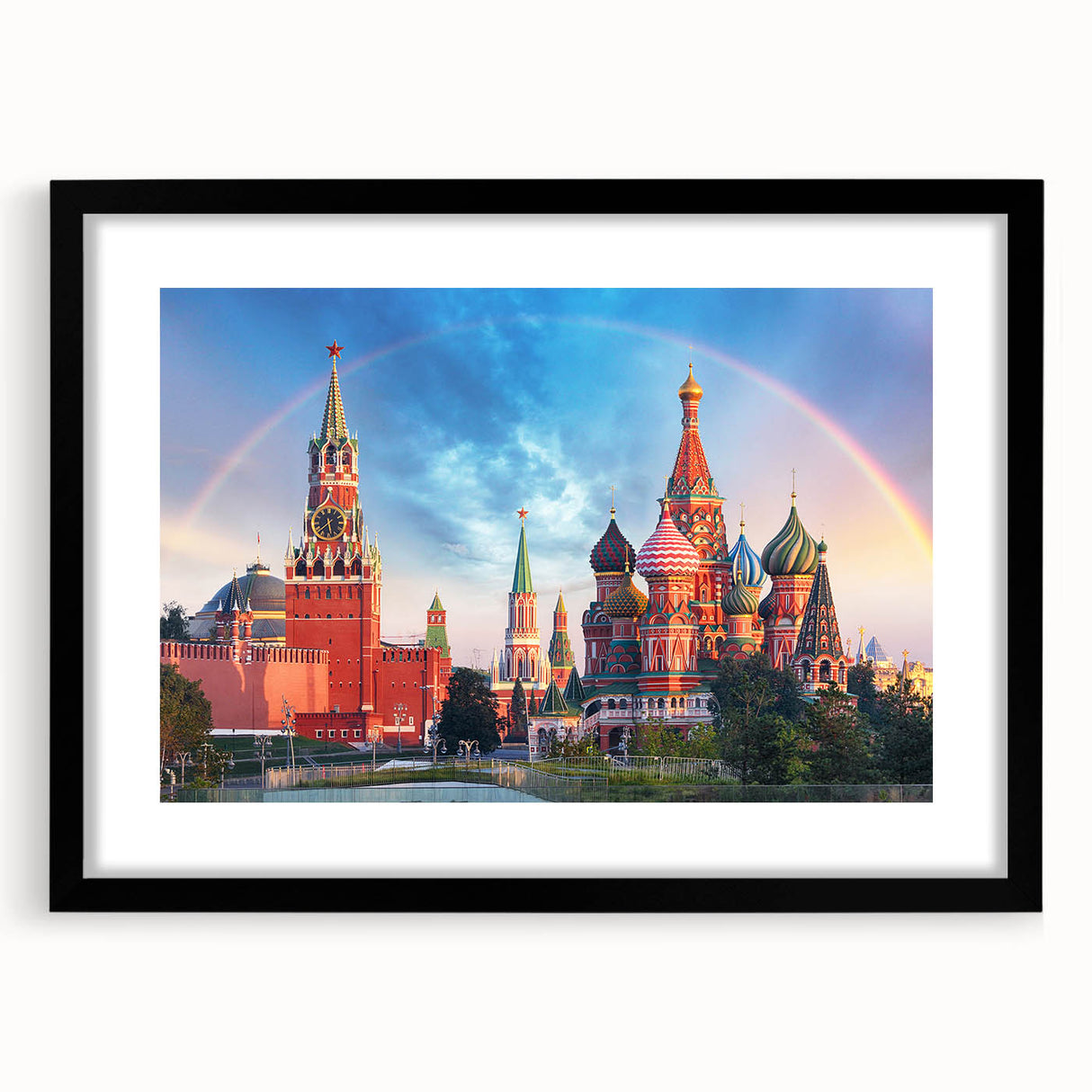 Abstract art print of Moscow skyline in vibrant colors on a large canvas, ideal for living room decor.