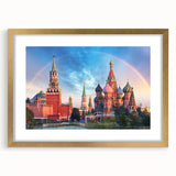 Abstract art print of Moscow skyline in muted gold and gray tones on a framed canvas.