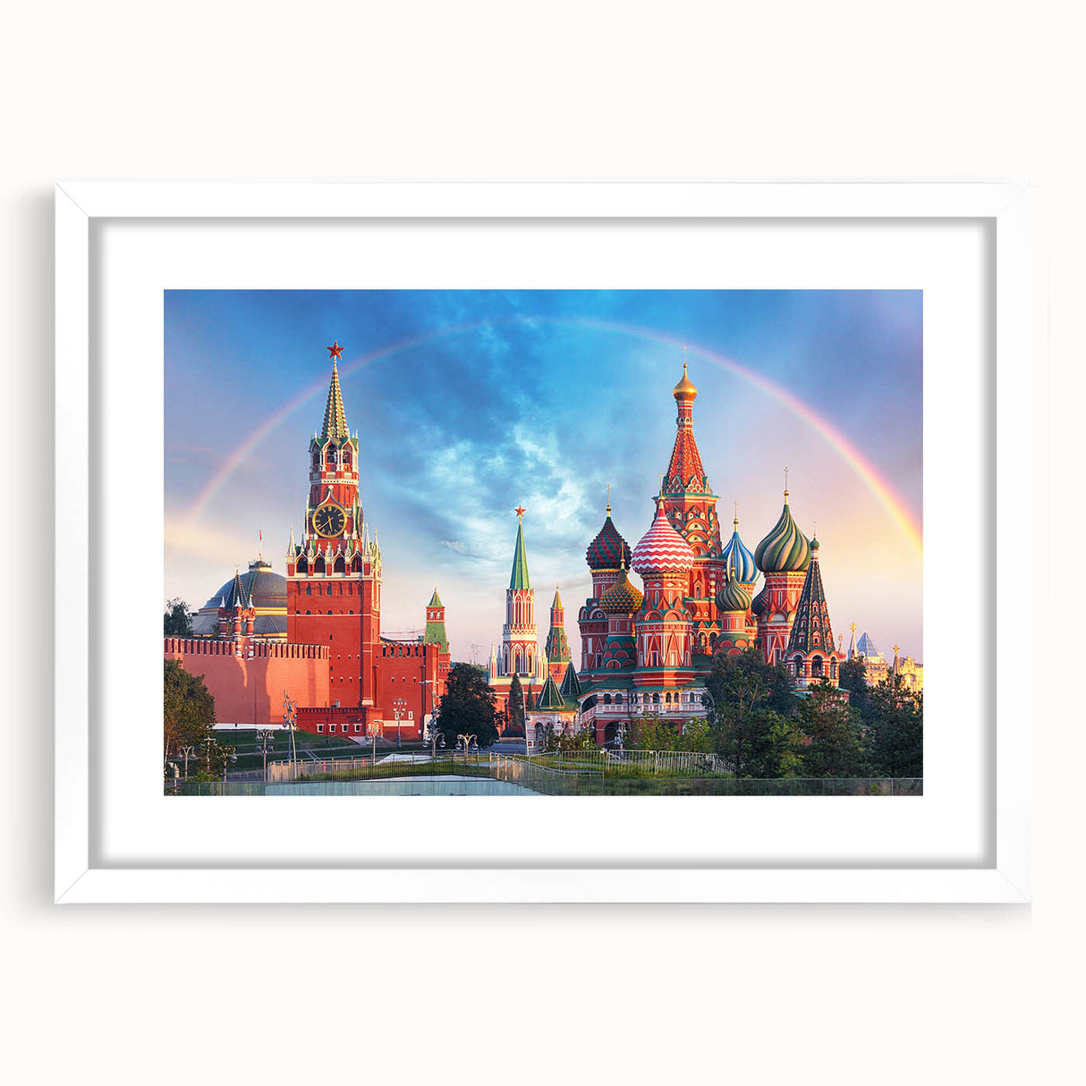 Textured abstract art print of Moscow skyline in muted gray and blue tones, framed with a white mat, ideal for bedroom art.
