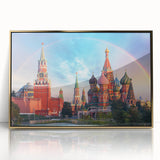 Art Deco poster of Moscow skyline in gold and black tones on framed acrylic, suitable for modern art wall decor.