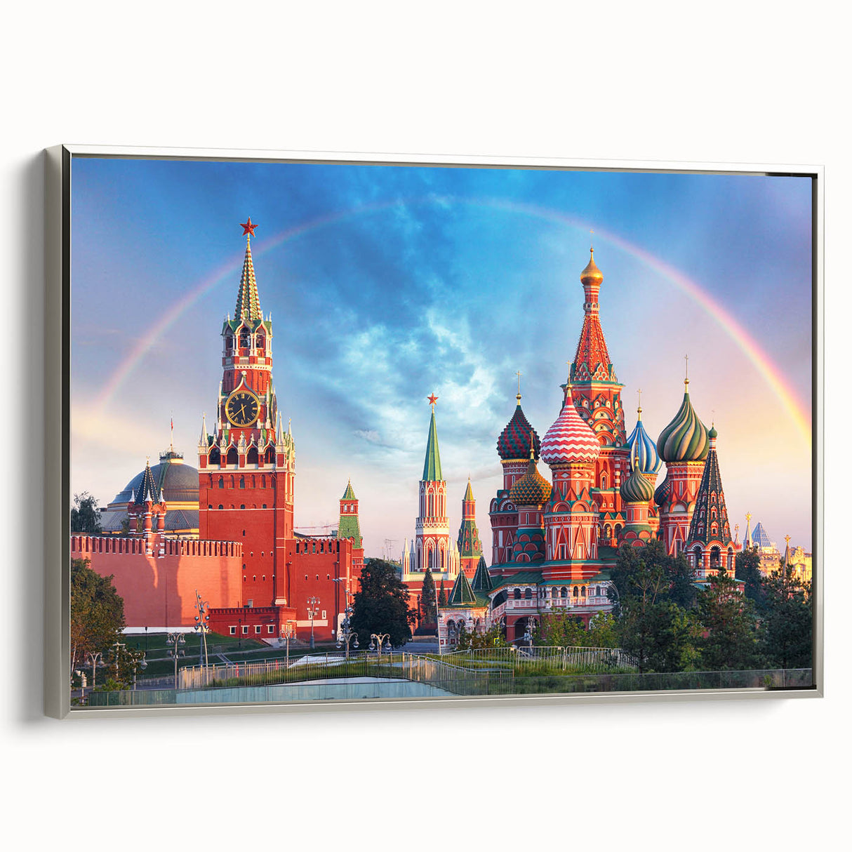 Framed canvas of a vintage Moscow landscape painting with colorful art on a black background, ideal for living room decor.