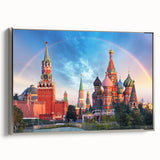 Framed canvas of a vintage Moscow landscape painting with colorful art on a black background, ideal for living room decor.