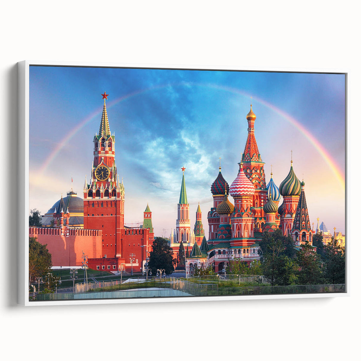 Vintage poster art of Moscow with colorful accents on a white framed canvas, ideal for living room decor.