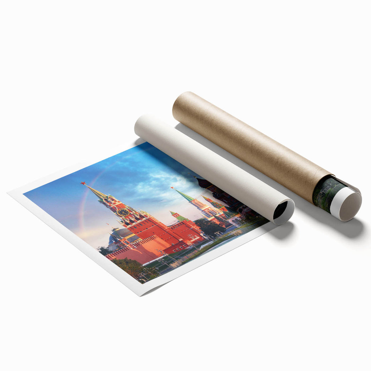 Extra large rolled print of Moscow scenery with muted floral accents.