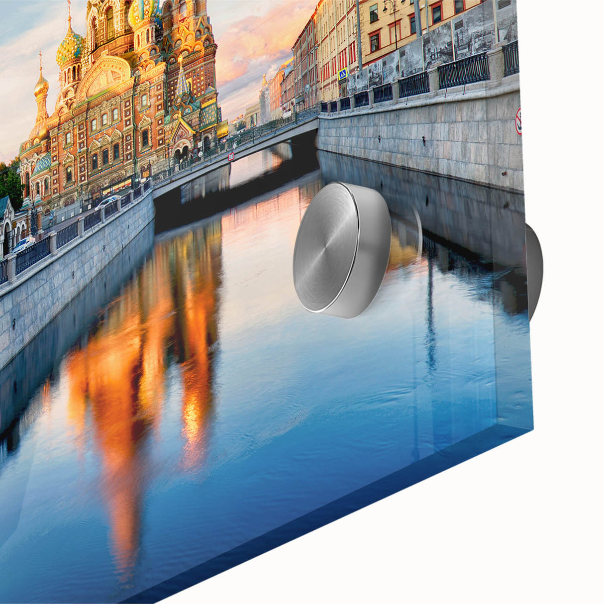 Large abstract depiction of St. Petersburg in muted blue and gray tones on acrylic glass, suitable for dining room art.