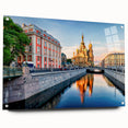 Acrylic print of a European cityscape with muted gray and blue tones, ideal for dining room decor.