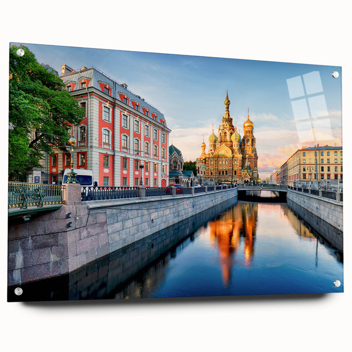 Acrylic print of a European cityscape with muted gray and blue tones, ideal for dining room decor.