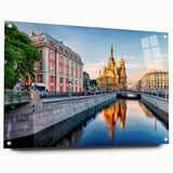 Acrylic print of a European cityscape with muted gray and blue tones, ideal for dining room decor.