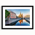 Abstract art print of a colorful, textured Petersburg scenery on a large black-framed canvas, ideal for living room decor.