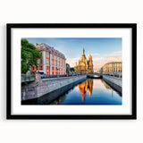 Abstract art print of a colorful, textured Petersburg scenery on a large black-framed canvas, ideal for living room decor.